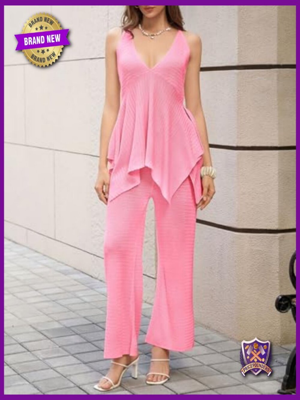 2 Piece Knit Sets Summer Outfits Deep V Neck Flowy Tank Wide Leg Pants Matching - Picture 3 of 6